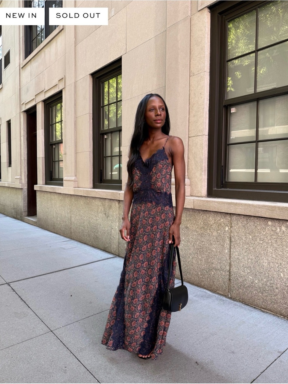 Hill House Floral Lace-Trim Spaghetti-Strap Maxi Dress in Navy and Rust